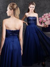 Discount Strapless Sleeveless Evening Dress Floor Length Sequins Navy Blue Chiffon