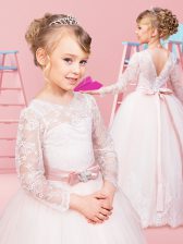  Ball Gowns Toddler Flower Girl Dress Baby Pink Scoop Tulle Long Sleeves Floor Length Clasp Handle