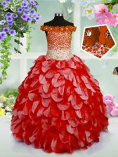 Adorable Red Off The Shoulder Neckline Beading and Hand Made Flower Little Girl Pageant Gowns Sleeveless Lace Up