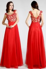 Amazing Sleeveless Floor Length Beading and Appliques Zipper Prom Evening Gown with Red