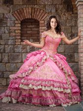  Off the Shoulder Rose Pink Taffeta Lace Up Quinceanera Gowns Sleeveless Floor Length Beading and Embroidery and Ruffled Layers