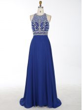  Royal Blue Homecoming Dress Prom and Party with Beading Scoop Sleeveless Brush Train Criss Cross