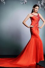 Exceptional Coral Red Side Zipper Scoop Beading Prom Party Dress Satin Sleeveless Court Train