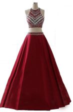  Wine Red A-line Chiffon Scoop Sleeveless Beading Floor Length Zipper Dress for Prom