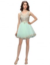 Custom Designed Scoop Apple Green Sleeveless Mini Length Beading and Appliques Zipper Prom Dress