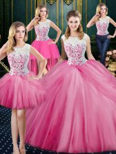  Four Piece Rose Pink Ball Gowns Tulle Scoop Sleeveless Lace and Appliques and Pick Ups Floor Length Zipper Quinceanera Gowns