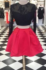  Red And Black A-line Satin and Lace Scoop Long Sleeves Lace Knee Length Zipper Prom Party Dress