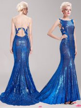 Mermaid Sequined Square Sleeveless Brush Train Clasp Handle Appliques and Sequins Prom Gown in Blue
