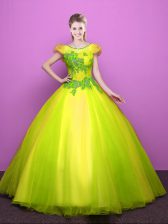 Fashionable Scoop Yellow Green Short Sleeves Floor Length Appliques Lace Up Sweet 16 Dress