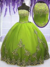 Amazing Ball Gowns Quince Ball Gowns Olive Green Strapless Tulle Sleeveless Floor Length Zipper