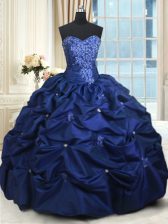 Extravagant Navy Blue Taffeta Lace Up Sweetheart Sleeveless Floor Length Quinceanera Gowns Appliques and Pick Ups