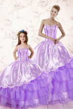 New Style Lavender Sleeveless Floor Length Embroidery and Ruffled Layers Lace Up 15th Birthday Dress