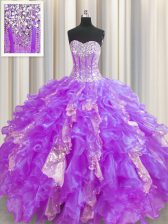  Visible Boning Sweetheart Sleeveless Organza and Sequined Sweet 16 Quinceanera Dress Beading and Ruffles and Sequins Lace Up