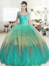 High End Ruffled Ball Gowns Quinceanera Gown Multi-color Straps Tulle Sleeveless Floor Length Zipper