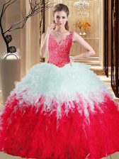 Enchanting White And Red Sleeveless Floor Length Lace and Appliques and Ruffles Zipper Quinceanera Dresses