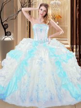  Ruffled Ball Gowns 15 Quinceanera Dress Blue And White Strapless Organza Sleeveless Floor Length Lace Up