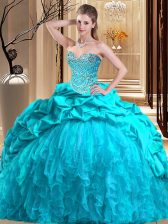  Aqua Blue Ball Gowns Taffeta and Tulle Sweetheart Sleeveless Beading and Ruffles Lace Up Quinceanera Dresses Brush Train