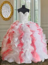  Sweetheart Sleeveless Ball Gown Prom Dress Floor Length Beading and Ruffles Pink And White Organza