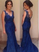 On Sale Mermaid Backless Royal Blue Prom Dress Lace Court Train Sleeveless Lace