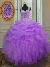  Straps Lavender Zipper Quinceanera Gown Beading and Ruffles Sleeveless Floor Length