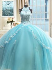 Shining Tulle Halter Top Sleeveless Lace Up Beading and Lace and Appliques 15 Quinceanera Dress in Aqua Blue