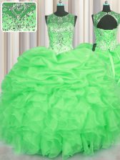  See Through Floor Length Lace Up Quince Ball Gowns for Military Ball and Sweet 16 and Quinceanera with Beading and Ruffles and Pick Ups