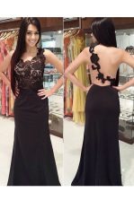 Customized Scoop Black Lace Backless Prom Gown Sleeveless With Brush Train Appliques