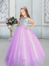 Latest Floor Length Lilac Little Girls Pageant Gowns Scoop Sleeveless Lace Up
