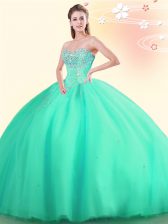 Shining Beading 15th Birthday Dress Apple Green Lace Up Sleeveless Floor Length