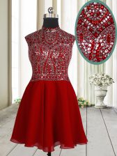 Fine Chiffon Scoop Sleeveless Zipper Beading and Sequins Prom Evening Gown in Red