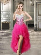  Hot Pink Prom Dress Prom and Party with Beading and Ruffles Sweetheart Sleeveless Lace Up