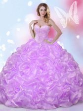  Lavender Sleeveless Fabric With Rolling Flowers Lace Up Quinceanera Gown for Military Ball and Sweet 16 and Quinceanera
