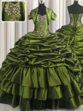 Colorful Olive Green Sweet 16 Dress Military Ball and Sweet 16 and Quinceanera with Ruffled Layers Sweetheart Short Sleeves Brush Train Lace Up