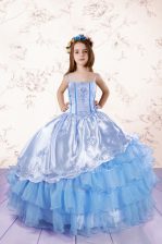 Latest Baby Blue Spaghetti Straps Neckline Embroidery and Ruffled Layers Little Girls Pageant Dress Sleeveless Lace Up