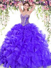  Sweetheart Sleeveless Organza Quinceanera Dress Beading and Ruffles Sweep Train Lace Up