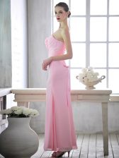 High Quality One Shoulder Sleeveless Ruching and Hand Made Flower Lace Up Prom Gown
