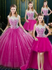  Four Piece Ball Gowns Vestidos de Quinceanera Fuchsia High-neck Tulle Sleeveless Floor Length Zipper
