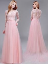 Super With Train Zipper Baby Pink for Prom with Lace and Bowknot Brush Train
