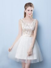 Eye-catching Square Champagne Sleeveless Mini Length Sequins and Bowknot Lace Up Court Dresses for Sweet 16