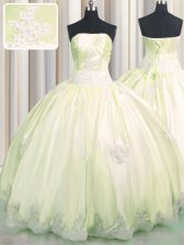 Edgy Light Yellow Taffeta Lace Up Strapless Sleeveless Floor Length Quinceanera Gown Beading and Appliques