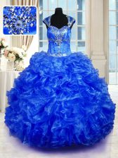 Charming Royal Blue Organza Lace Up Straps Cap Sleeves Floor Length Quinceanera Gowns Beading and Ruffles