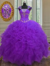 Custom Design Straps Purple Ball Gowns Beading and Ruffles and Sequins Quinceanera Gowns Lace Up Organza Cap Sleeves Floor Length