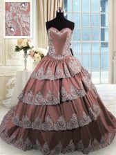  Brown Sleeveless With Train Beading and Appliques and Ruffled Layers Lace Up Quince Ball Gowns