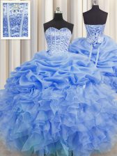  Visible Boning Sleeveless Floor Length Beading and Ruffles and Pick Ups Lace Up Quinceanera Gowns with Blue