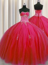  Big Puffy Sleeveless Floor Length Beading and Appliques Lace Up Quince Ball Gowns with Red