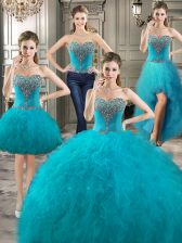 Deluxe Four Piece Sleeveless Floor Length Beading and Ruffles Lace Up Quinceanera Gown with Teal