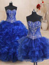  Three Piece Royal Blue Ball Gowns Beading and Ruffles Sweet 16 Dresses Lace Up Organza Sleeveless With Train