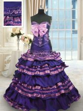 Deluxe Purple Lace Up Quince Ball Gowns Appliques and Ruffled Layers and Bowknot Sleeveless With Train Sweep Train