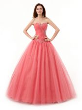 Great Watermelon Red Sleeveless Beading and Ruching Floor Length 15 Quinceanera Dress