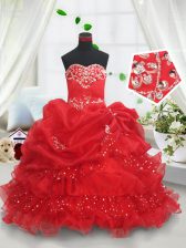 Exquisite Beading and Ruffled Layers and Sequins and Pick Ups Girls Pageant Dresses Red Lace Up Sleeveless Floor Length